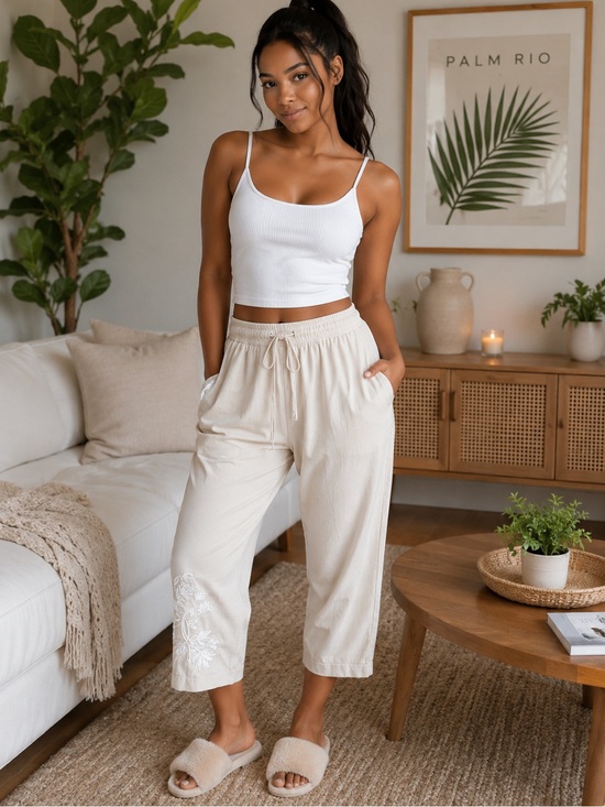 palm rio Pants - Palm Rio Cropped Drawstring Pants in Cream